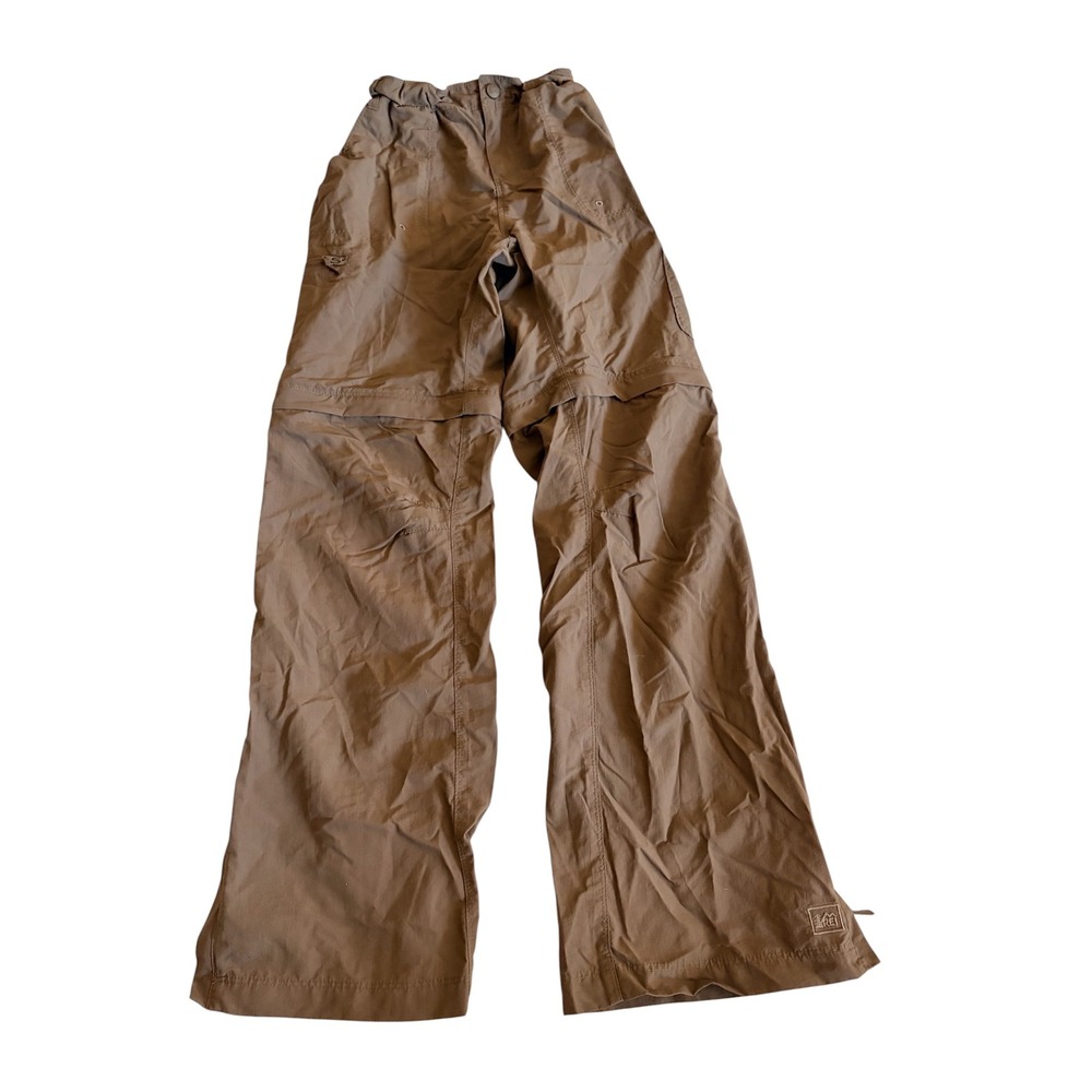 REI Co-op Girls' Convertible Hiking Pants in a Brown Khaki with Pink Purple Zips
